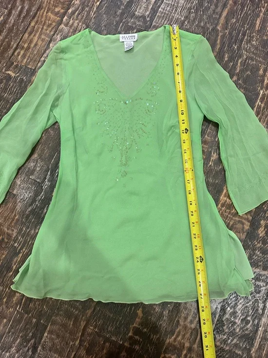 Allison Taylor Lime Green V-Neck Beaded Sheer Tunic fully lined - Picture 5 of 8